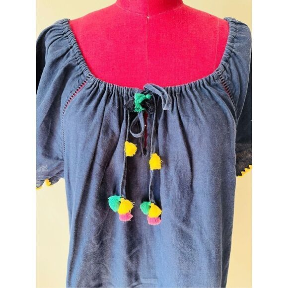 Women's J Crew Navy Boho Shift Dress Cover Up Tassel Tie Size M - Picture 5 of 10